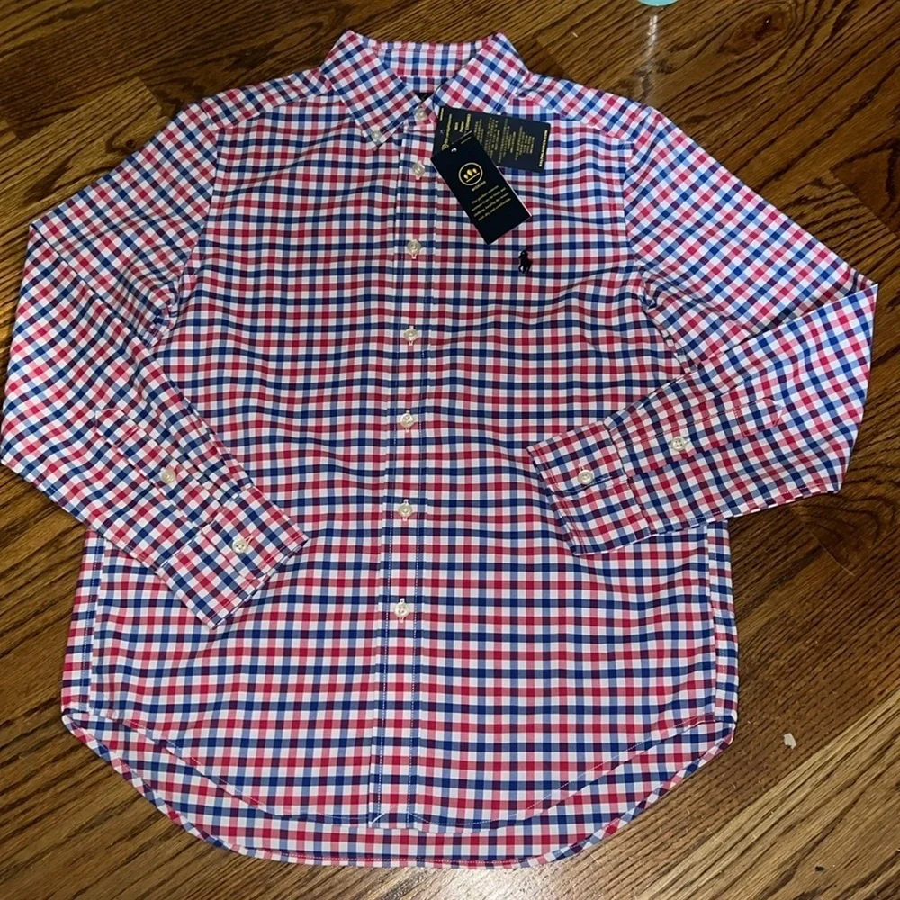 Ralph Lauren boys long sleeved performance Oxford shirt red & blue gingham M&L